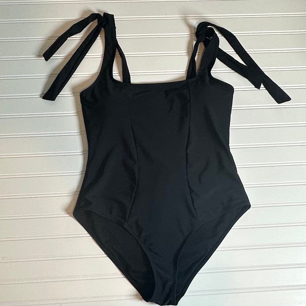 AI’MAGE Women Black One Piece Swimsuit Square Neck Tie Shoulder Size L